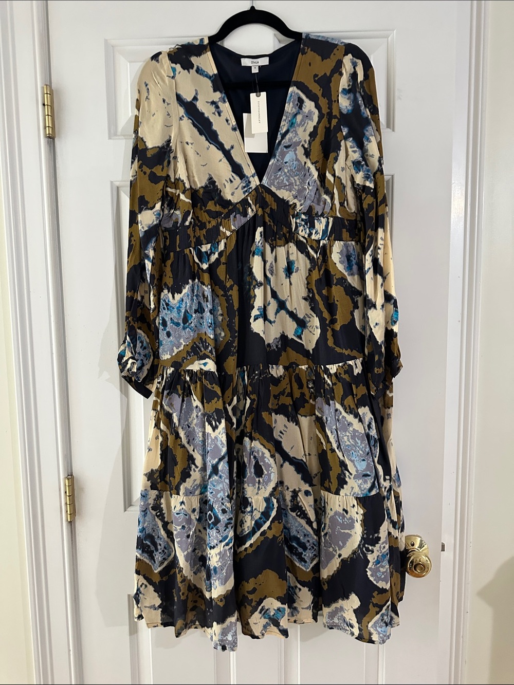NWT Anthropologie Othilia Abstract Tiered V-Neck Dress in Navy, Olive & Cream